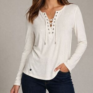Lauren Ralph Lauren Lace Up Top White Cotton Long Sleeve Shirt S